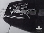 Yorkshire, England. C. 1945-03. The crest on a Halifax bomber aircraft of No. 466 Squadron RAAF, RAF Station Driffield, reads "Kelly's Gang Rides Again!"