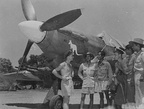 No. 10 Sqn Indian Air Force Kyaukpyu, Ramree Island, Burma 4-8-1945. 2 RAAF members of 10 Sqn IAF, PO Eric Evans of Newcastle, NSW, and PO WH Cobber Pye of Ultimo, NSW with FO MM Crishna and an unidentified Indian Officer and Hurricane "K for Kangaroo"