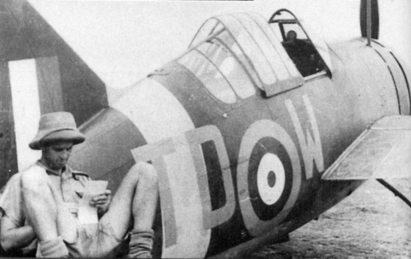 Buffalo Mk.I TD-W
453 Squadron,  
Sembawang, c.1941 
Unknown crewman reading mail on it's tailplane. 
via Mike Mirkovic.