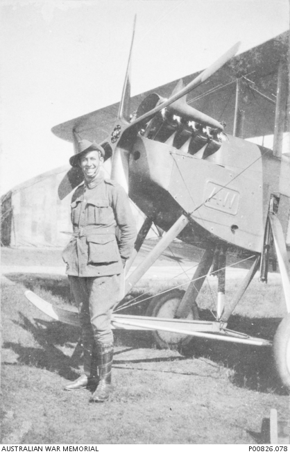 Lieutenant Leslie Simeon John Sell, Australian Flying Corps (AFC)standing in front of an Armstrong Whitworth FK.3 
AWM P00826_078