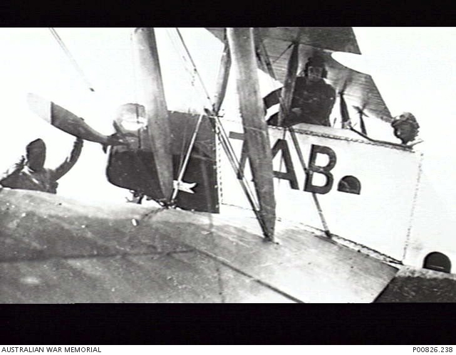 Avro 504 D7799 flown by Capt. E.F.(Tabby)Pflaum of 8 Sqn, AFC at Leighterton, UK. AWM P00826_238.