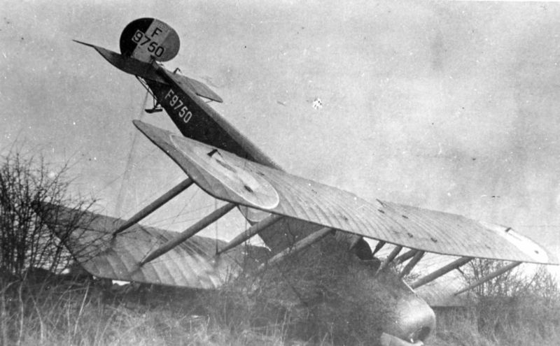 Avro 504K F9750 after a nose over.
7 (Training) Squadron, Leighterton, 
January 1919,  
via Mike Mirkovic.