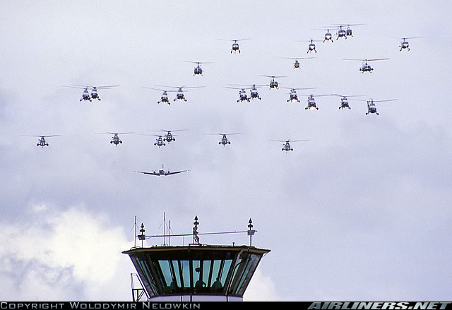 RAN Formation - Wessex Squirrel UH-1C B206B-1 Sea
                King HS-748 Nowra 06Oct1986 - Photographer Wal Nelowkin
                - RAN 75th Anniv Airshow