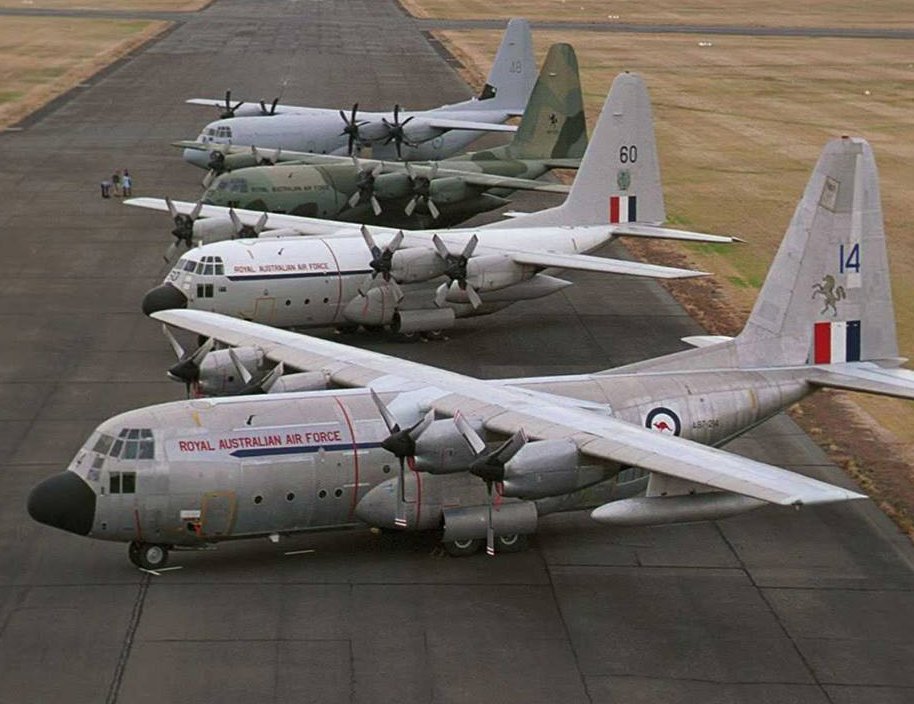 The four Hercules models operated by the RAAF                  lined up at Point Cook Front to rear A, E, H and J                  RAAF Museum photo