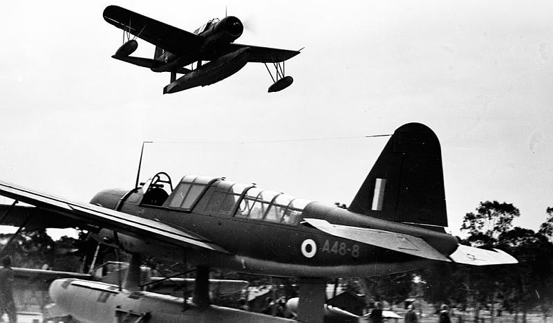 Seaplane Training Flight, Rathmines, July, 1942, OS2U-3 Kingfisher A48-8 with another flying over head. via Mike Mirkovic.