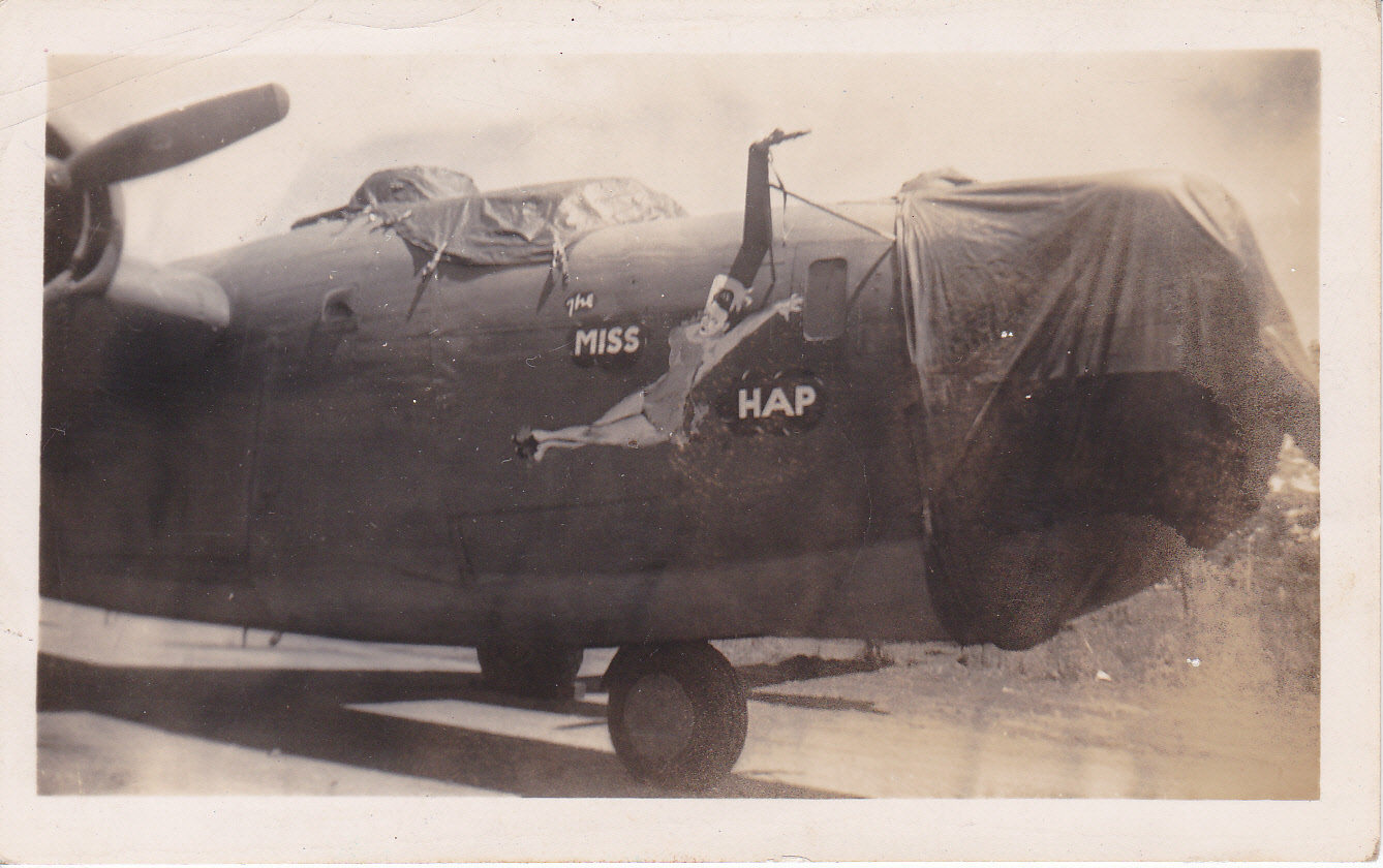 B24J-80-CO  42-10221 USAAF  380th Bomb Group "MISS HAP"  Dawin   Jun43-Feb45    Placed under the control of the RAAF Australian North West Command   Photographer unknown  Paul Turner collection