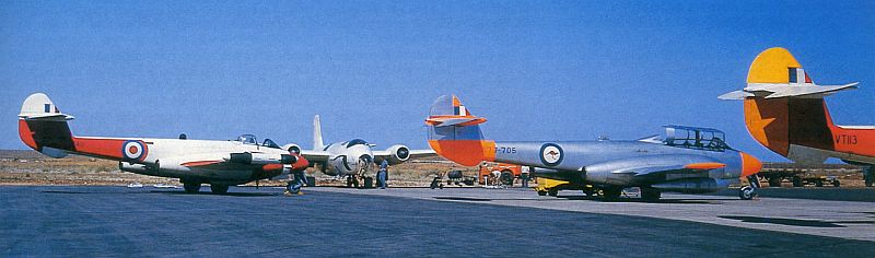 Meteor U.15 VZ401,
                            Meteor Mk.7 A77-705 and Meteor U.15 VT113.
                            W.R.E., Woomera, March, 1962, via Mike
                            Mirkovic.