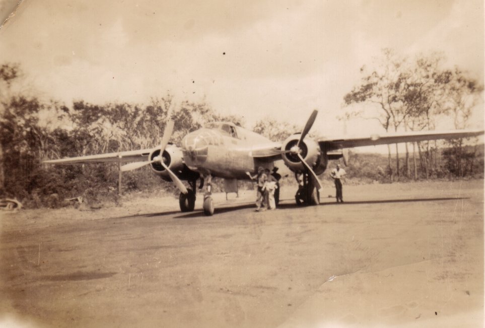 B25 at Higgins field, Jacky Jacky, Cape York,
                    1945. Photos- LAC Ted Jones, Clerk Signals, 33 OBU,
                    RAAF.