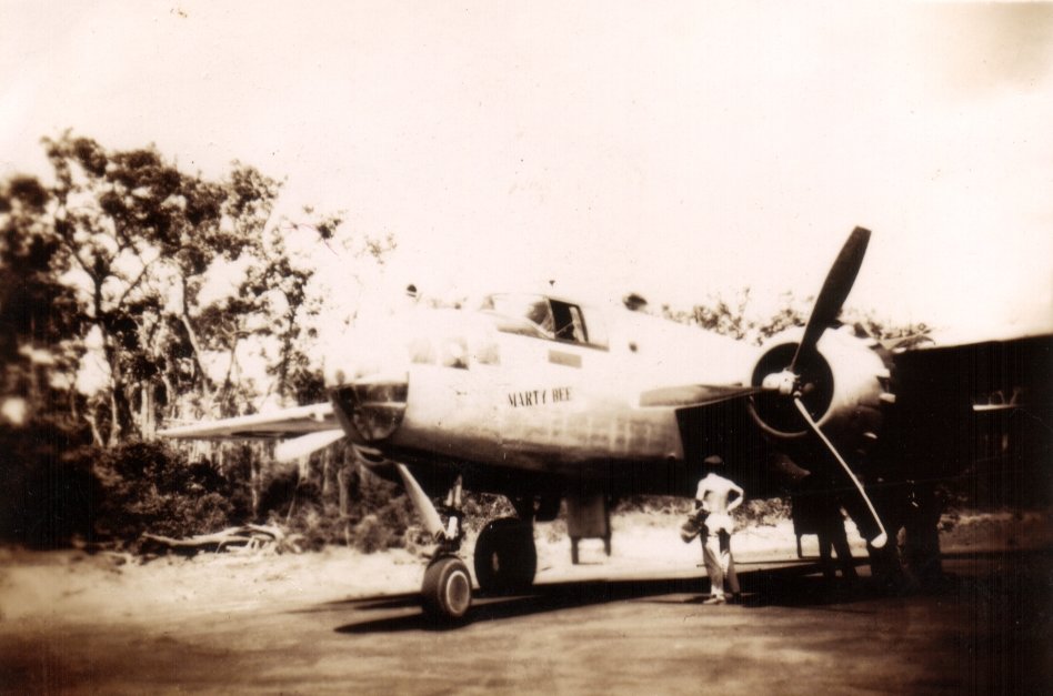 B-25 Marty Bee at Higgins field, Jacky Jacky,
                    Cape York, 1945. Photos- LAC Ted Jones, Clerk
                    Signals, 33 OBU, RAAF.