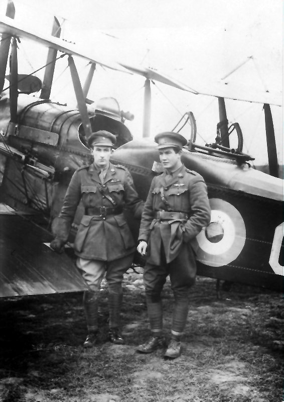Captain Charles C Matheson (left) and Lieutenant C R Fenwicke, of No. 3 Squadron, Australian Flying Corps (AFC) beside their RE8 aircraft. Photo via Brendan Cowan