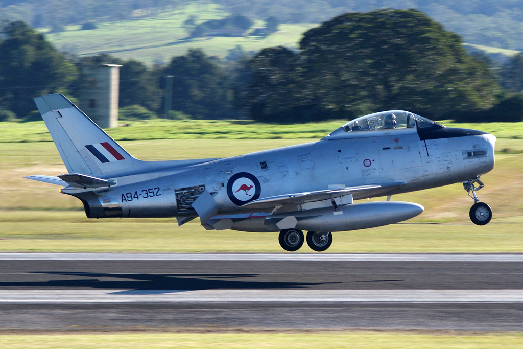 Jeff Trappett's
                CA-27 Sabre VH-SBR/A94-352 making its first public
                post-restoration appearance at Wings Over the Illawarra
                2014 airshow, 4th May 2014. Phil Vabre photo